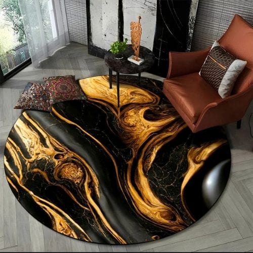 Tapis de Salon | Moderne 3D Luxe Abstrait Marbre - Tapinna® Doré Noir / Rond / Diamètre 60cm