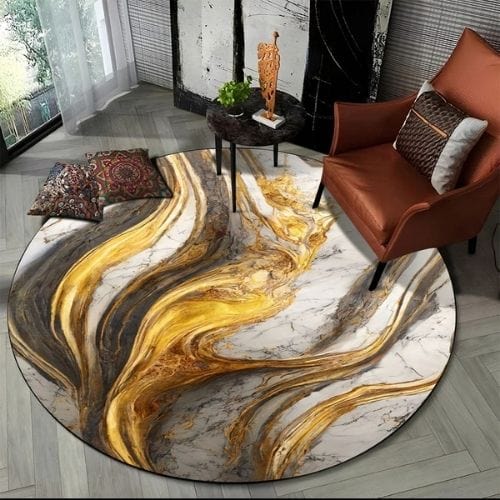 Tapis de Salon | Moderne 3D Luxe Abstrait Marbre - Tapinna® Doré / Rond / Diamètre 60cm