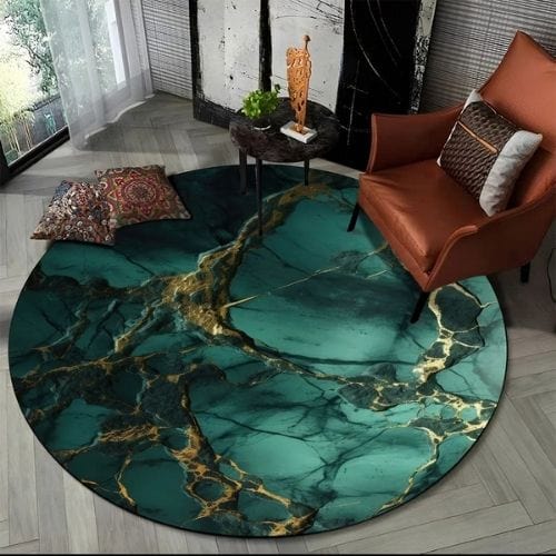 Tapis de Salon | Moderne 3D Luxe Abstrait Marbre - Tapinna® Doré Vert / Rond / Diamètre 60cm