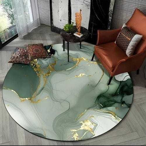 Tapis de Salon | Moderne 3D Luxe Abstrait Marbre - Tapinna® Doré Vert / Rond / Diamètre 60cm