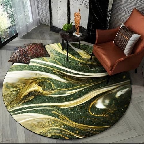 Tapis de Salon | Moderne 3D Luxe Abstrait Marbre - Tapinna® Doré Vert / Rond / Diamètre 60cm