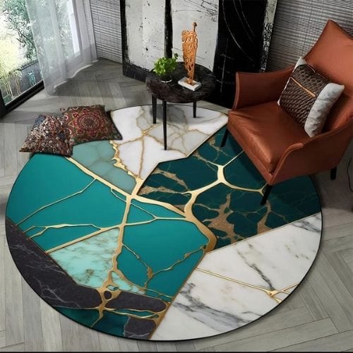 Tapis de Salon | Moderne 3D Luxe Abstrait Marbre - Tapinna® Doré Vert / Rond / Diamètre 60cm