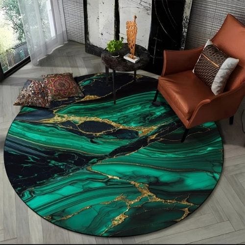 Tapis de Salon | Moderne 3D Luxe Abstrait Marbre - Tapinna® Doré Vert / Rond / Diamètre 60cm