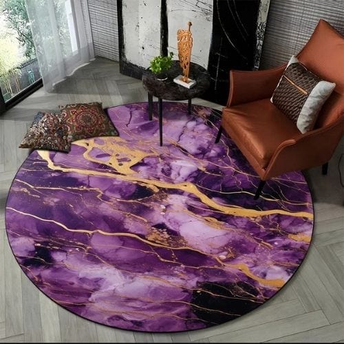 Tapis de Salon | Moderne 3D Luxe Abstrait Marbre - Tapinna® Doré Violet / Rond / Diamètre 60cm
