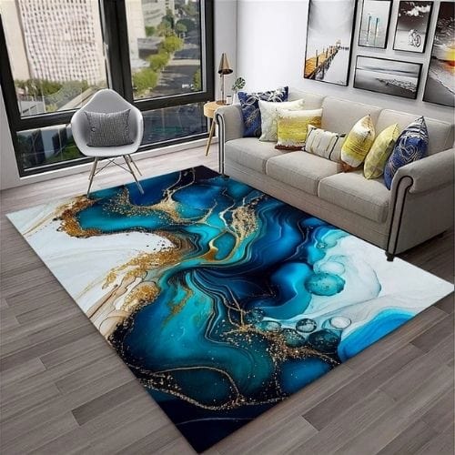 Tapis de Salon | Moderne Abstrait Marbre Illusion 3D - Tapinna® Doré Bleu / Rectangulaire / 40x60cm