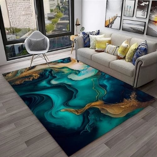 Tapis de Salon | Moderne Abstrait Marbre Illusion 3D - Tapinna® Doré Bleu / Rectangulaire / 40x60cm