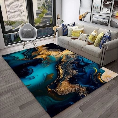 Tapis de Salon | Moderne Abstrait Marbre Illusion 3D - Tapinna® Doré Bleu / Rectangulaire / 40x60cm