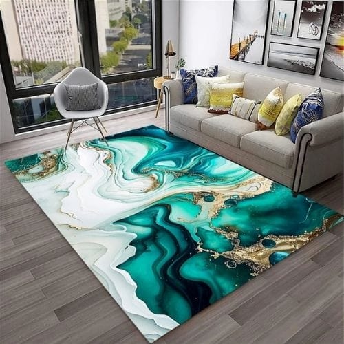 Tapis de Salon | Moderne Abstrait Marbre Illusion 3D - Tapinna® Doré Turquoise / Rectangulaire / 40x60cm