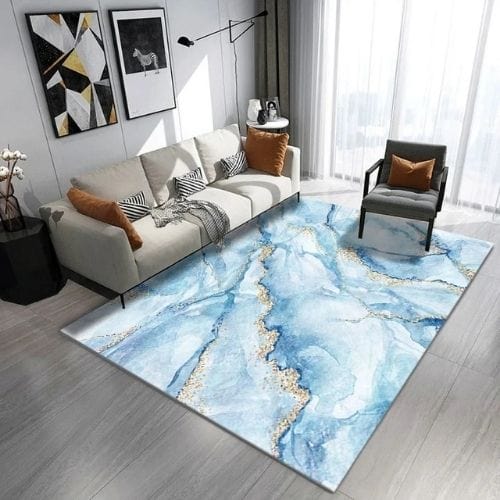 Tapis de Salon | Moderne Luxe Marbre Abstrait - Tapinna® Doré Bleu / Rectangulaire / 40x60cm (16x24 Pouces)