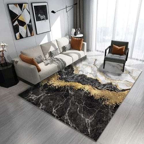Tapis de Salon | Moderne Luxe Marbre Abstrait - Tapinna® Doré Noir et Blanc / Rectangulaire / 40x60cm (16x24 Pouces)
