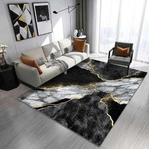 Tapis de Salon | Moderne Luxe Marbre Abstrait - Tapinna® Doré Noir / Rectangulaire / 40x60cm (16x24 Pouces)