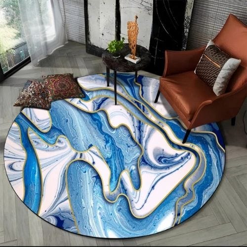 Tapis de Salon | Moderne Scandinave Abstrait Marbre - Tapinna® Doré Bleu / Rond / Diamètre 60cm (23 Pouces)