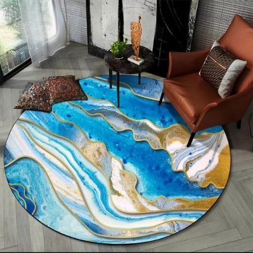 Tapis de Salon | Moderne Scandinave Abstrait Marbre - Tapinna® Doré Bleu / Rond / Diamètre 60cm (23 Pouces)