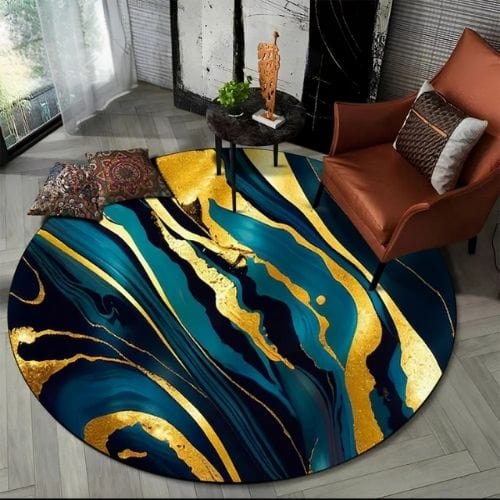 Tapis de Salon | Moderne Scandinave Abstrait Marbre - Tapinna® Doré Bleu / Rond / Diamètre 60cm (23 Pouces)
