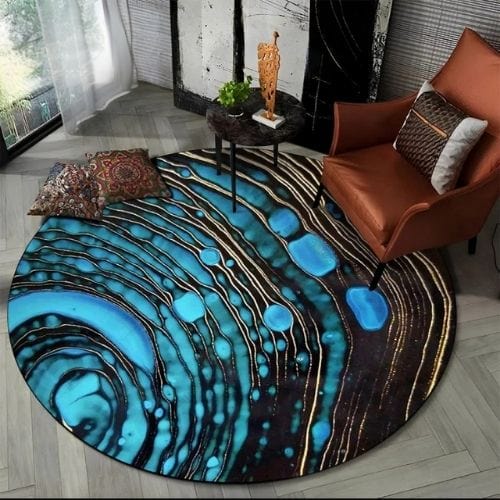 Tapis de Salon | Moderne Scandinave Abstrait Marbre - Tapinna® Doré Bleu / Rond / Diamètre 60cm (23 Pouces)