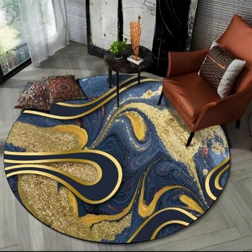 Tapis de Salon | Moderne Scandinave Abstrait Marbre - Tapinna® Doré Bleu / Rond / Diamètre 60cm (23 Pouces)