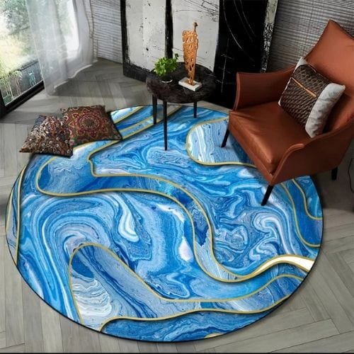 Tapis de Salon | Moderne Scandinave Abstrait Marbre - Tapinna® Doré Bleu / Rond / Diamètre 60cm (23 Pouces)
