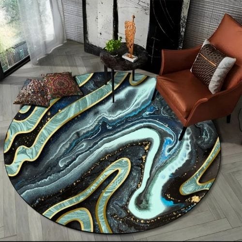 Tapis de Salon | Moderne Scandinave Abstrait Marbre - Tapinna® Doré Bleu / Rond / Diamètre 60cm (23 Pouces)