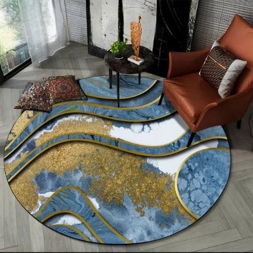 Tapis de Salon | Moderne Scandinave Abstrait Marbre - Tapinna® Doré Bleu / Rond / Diamètre 60cm (23 Pouces)