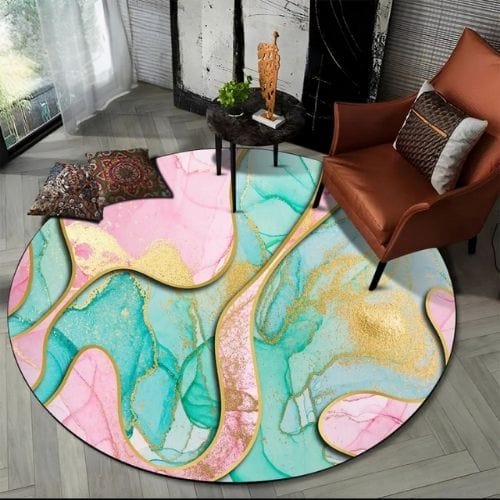 Tapis de Salon | Moderne Scandinave Abstrait Marbre - Tapinna® Doré Coloré / Rond / Diamètre 60cm (23 Pouces)