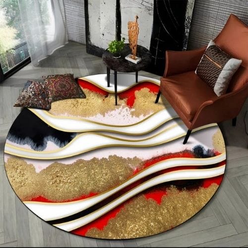 Tapis de Salon | Moderne Scandinave Abstrait Marbre - Tapinna® Doré Coloré / Rond / Diamètre 60cm (23 Pouces)