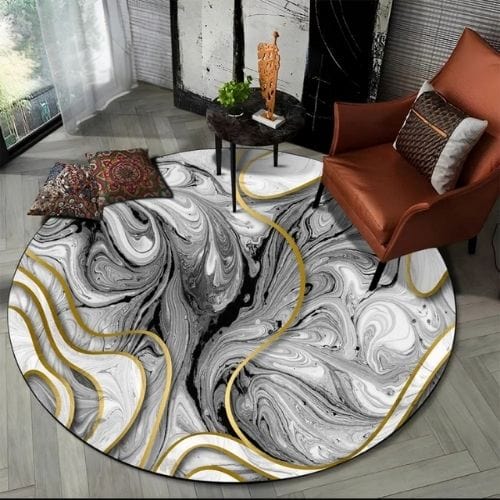 Tapis de Salon | Moderne Scandinave Abstrait Marbre - Tapinna® Doré Gris / Rond / Diamètre 60cm (23 Pouces)