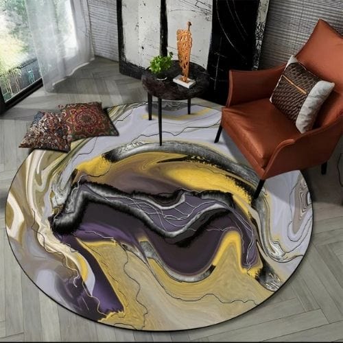 Tapis de Salon | Moderne Scandinave Abstrait Marbre - Tapinna® Doré Gris / Rond / Diamètre 60cm (23 Pouces)