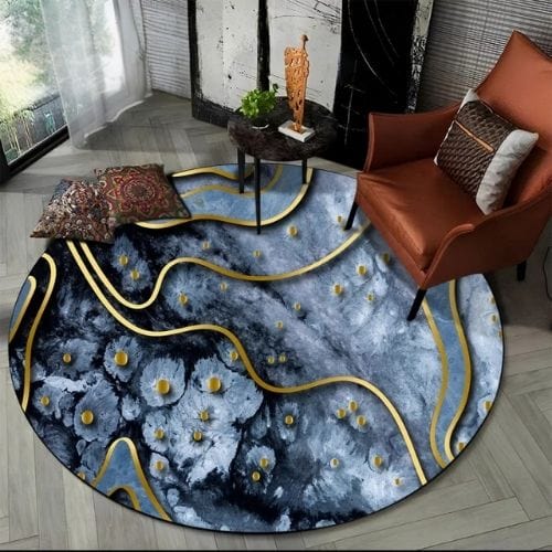 Tapis de Salon | Moderne Scandinave Abstrait Marbre - Tapinna® Doré Gris / Rond / Diamètre 60cm (23 Pouces)