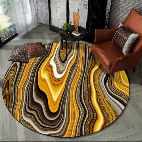 Tapis de Salon | Moderne Scandinave Abstrait Marbre - Tapinna® Doré Jaune / Rond / Diamètre 60cm (23 Pouces)
