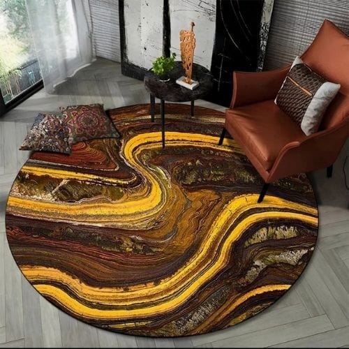 Tapis de Salon | Moderne Scandinave Abstrait Marbre - Tapinna® Doré Marron / Rond / Diamètre 60cm (23 Pouces)