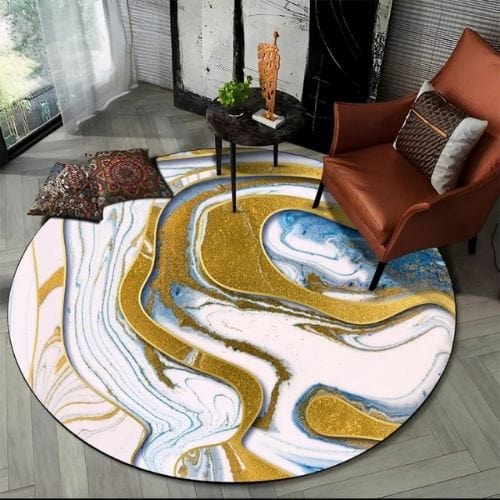 Tapis de Salon | Moderne Scandinave Abstrait Marbre - Tapinna® Doré / Rond / Diamètre 60cm (23 Pouces)