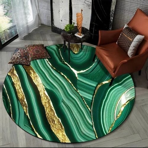 Tapis de Salon | Moderne Scandinave Abstrait Marbre - Tapinna® Doré Vert / Rond / Diamètre 60cm (23 Pouces)