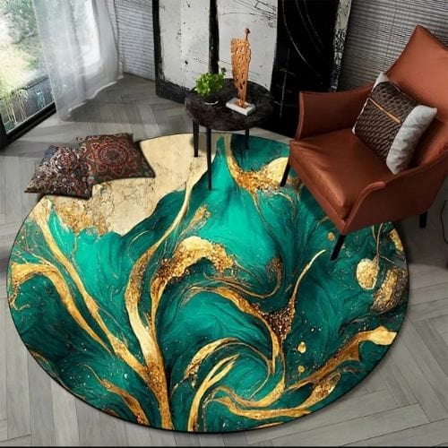 Tapis de Salon | Moderne Scandinave Abstrait Marbre - Tapinna® Doré Vert / Rond / Diamètre 60cm (23 Pouces)