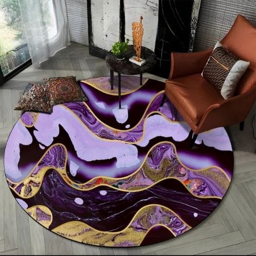Tapis de Salon | Moderne Scandinave Abstrait Marbre - Tapinna® Doré Violet / Rond / Diamètre 60cm (23 Pouces)