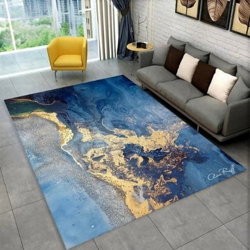 Tapis de Salon | Scandinave Moderne Européen Marbre - Tapinna® Doré Bleu / Rectangulaire / 40x60cm (15x23 Pouces)