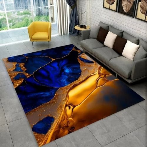 Tapis de Salon | Scandinave Moderne Européen Marbre - Tapinna® Doré Bleu / Rectangulaire / 40x60cm (15x23 Pouces)