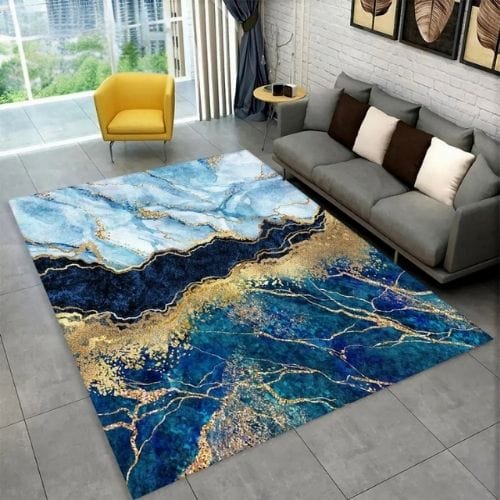 Tapis de Salon | Scandinave Moderne Européen Marbre - Tapinna® Doré Bleu / Rectangulaire / 40x60cm (15x23 Pouces)