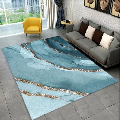 Tapis de Salon | Scandinave Moderne Européen Marbre - Tapinna® Doré Bleu / Rectangulaire / 40x60cm (15x23 Pouces)