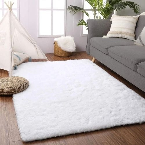 Tapis de Salon | Shaggy Uni Moderne Scandinave - Tapinna® Blanc / Rectangulaire / 50x80cm (19x31 Pouces)