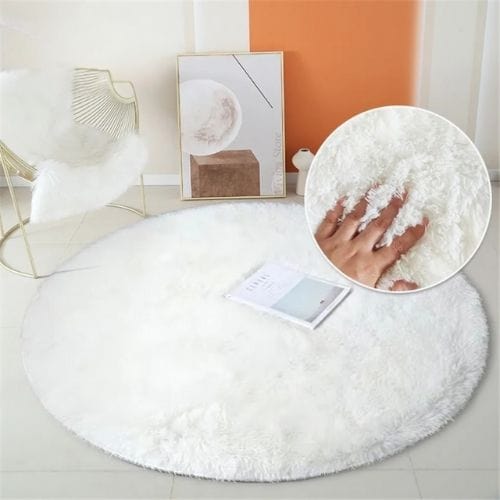 Tapis de Salon | Shaggy Uni Moderne Scandinave - Tapinna® Blanc / Rond / Diamètre 60cm