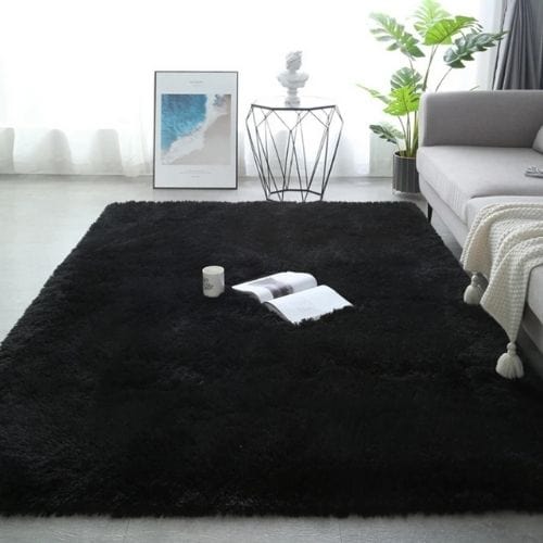 Tapis de Salon | Shaggy Uni Moderne Scandinave - Tapinna® Noir / Rectangulaire / 50x80cm (19x31 Pouces)