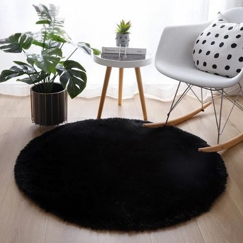 Tapis de Salon | Shaggy Uni Moderne Scandinave - Tapinna® Noir / Rond / Diamètre 60cm