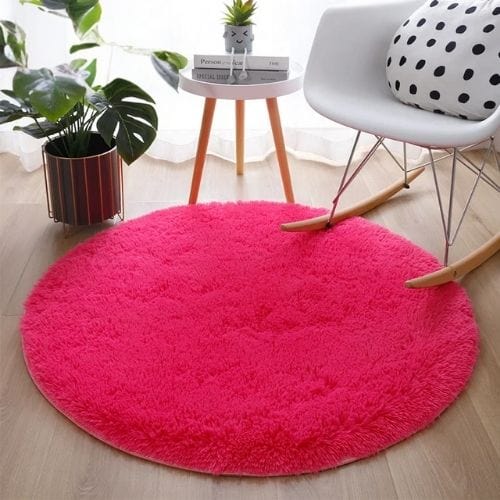 Tapis de Salon | Shaggy Uni Moderne Scandinave - Tapinna® Rose / Rond / Diamètre 60cm