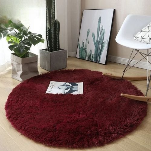 Tapis de Salon | Shaggy Uni Moderne Scandinave - Tapinna® Rouge / Rond / Diamètre 60cm