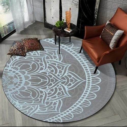 Tapis de Sol | Bohème Moderne Méditation 3D Mandala - Tapinna® Bleu Gris / Rond / Diamètre 60cm