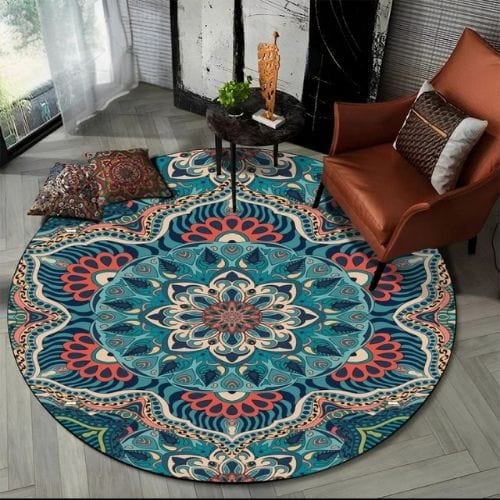 Tapis de Sol | Bohème Moderne Méditation 3D Mandala - Tapinna® Bleu / Rond / Diamètre 60cm