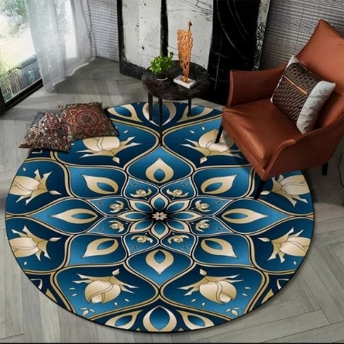 Tapis de Sol | Bohème Moderne Méditation 3D Mandala - Tapinna® Doré Bleu / Rond / Diamètre 60cm
