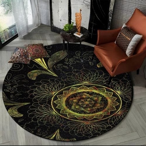 Tapis de Sol | Bohème Moderne Méditation 3D Mandala - Tapinna® Doré / Rond / Diamètre 60cm