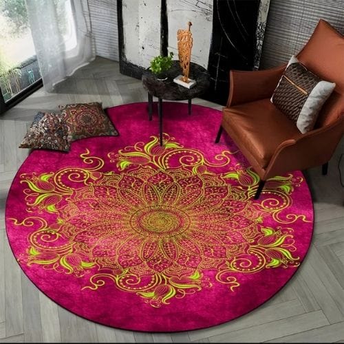 Tapis de Sol | Bohème Moderne Méditation 3D Mandala - Tapinna® Doré Rose / Rond / Diamètre 60cm