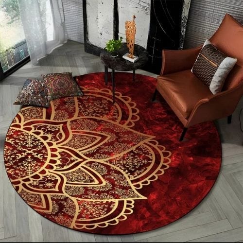 Tapis de Sol | Bohème Moderne Méditation 3D Mandala - Tapinna® Doré Rouge / Rond / Diamètre 60cm